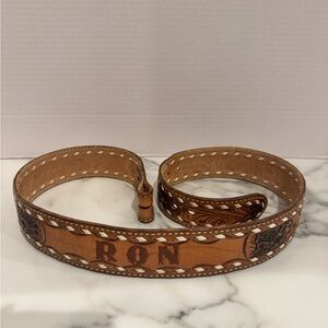 36 Inch Brown Western Style Belt with Tooling With Name Ron on Back No Buckle